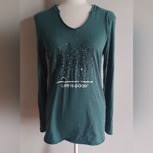 Life Is Good Green V-Neck Long Sleeve Hooded Graphic Tee